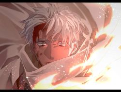Rule 34 | 1boy, alternate hairstyle, archer (fate), blood, blood on face, brown hair, cloak, close-up, closed mouth, dark-skinned male, dark skin, fate/grand order, fate/stay night, fate (series), injury, letterboxed, light particles, looking at viewer, male focus, messy hair, rodjiura (rjur00), solo, upper body, white cloak, wind