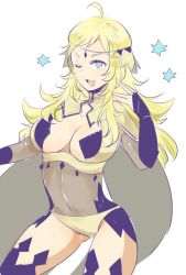 Rule 34 | 1girl, ahoge, alternate breast size, bad id, bad twitter id, blonde hair, blue eyes, breasts, bridal gauntlets, cape, circlet, cleavage cutout, clothing cutout, covered navel, fire emblem, fire emblem fates, long hair, medium breasts, nintendo, one eye closed, open mouth, ophelia (fire emblem), shougayaki (kabayaki 3), simple background, solo, white background