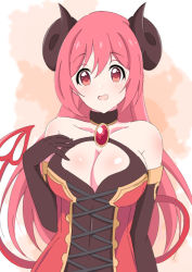 Rule 34 | 1girl, blush, breasts, brown background, demon horns, hair between eyes, highres, horns, io (princess connect!), kuroha uma, large breasts, looking at viewer, open mouth, princess connect!, smile, solo, upper body