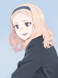 Rule 34 | 1girl, aleksandra i. pokryshkin, black shirt, blonde hair, blue background, blue eyes, blue hairband, brave witches, forehead, hairband, highres, long hair, long sleeves, looking ahead, looking at viewer, parted bangs, parted lips, shiratama (hockey), shirt, simple background, smile, solo, teeth, upper teeth only, world witches series