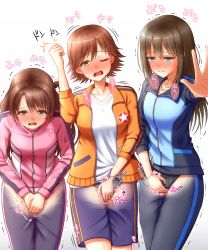 Rule 34 | 3girls, apotea, arm up, between legs, black panties, black pants, blue eyes, blue jacket, blue shorts, blush, breasts, brown eyes, brown hair, collarbone, embarrassed, female focus, grey panties, half-closed eye, half-closed eyes, hand beneath clothes, hand between legs, hand in pocket, hands together, have to pee, heavy breathing, highres, honda mio, idolmaster, idolmaster cinderella girls, jacket, japanese text, jewelry, lace, lace-trimmed panties, lace trim, legs together, long hair, long sleeves, looking at viewer, matching hair/eyes, medium breasts, multiple girls, necklace, nose blush, one eye closed, open mouth, orange jacket, outstretched arm, panties, pants, pink jacket, shibuya rin, shimamura uzuki, shirt, short hair, shorts, simple background, speech bubble, standing, star (symbol), sweat, tears, teeth, text focus, translation request, trembling, underwear, white background, white panties, white shirt, x-ray, yellow eyes, zipper, zipper pull tab