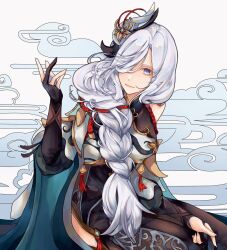 Rule 34 | 1girl, bare shoulders, blue eyes, bodystocking, cloud print, commentary, genshin impact, grey background, hair ornament, hand up, highres, long hair, looking at viewer, matcha 202, shenhe (genshin impact), sitting, smile, solo, very long hair, white hair