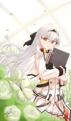 Rule 34 | 1girl, :o, artist name, black gloves, black hairband, black ribbon, blurry, blurry background, blush, book, bug, butterfly, crossed arms, feet out of frame, girls&#039; frontline, glasses, gloves, green butterfly, hair ornament, hair ribbon, hairband, hairclip, highres, holding, holding book, insect, iws 2000 (girls&#039; frontline), jacket, long hair, long sleeves, looking at viewer, open mouth, orange eyes, ribbon, skirt, solo, standing, uniform, unitaka, white hair, white jacket, white skirt