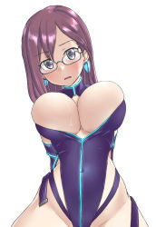 Rule 34 | 1girl, aimobake, arms behind back, breasts, cleavage, earrings, glasses, idolmaster, idolmaster cinderella girls, idolmaster cinderella girls starlight stage, jewelry, large breasts, leotard, long hair, torn clothes, yagami makino