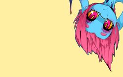 Rule 34 | 1girl, blue skin, colored skin, cteno (slugbox), glasses, hairline, highres, monster girl, original, pink eyes, pink hair, simple background, slime, slugbox, upside-down