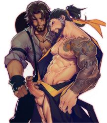 Rule 34 | 2boys, abs, bara, bare pectorals, bare shoulders, beard, black hair, breasts, brown hair, bursting pectorals, cassidy (overwatch), cleavage, cum, erection, facial, facial hair, fingerless gloves, from side, gloves, hanzo (overwatch), highres, holo eden, japanese clothes, large pectorals, looking at penis, mature female, multiple boys, muscular, muscular male, navel, nipples, open clothes, open shirt, overwatch, overwatch 1, pectorals, penis, penis grab, penis touching tip of penis, precum, sash, stomach, tattoo, tattoo sleve, testicles, uncensored, yaoi, yellow sash