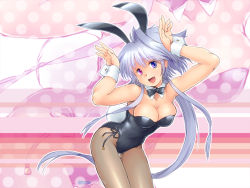 Rule 34 | 1girl, :d, animal ears, arms up, blue eyes, bow, bowtie, breasts, cleavage, cowboy shot, detached collar, fake animal ears, fang, heterochromia, large breasts, lavolpe (yagisaka seto), leaning forward, leotard, long hair, looking at viewer, open mouth, original, outline, pantyhose, pink background, playboy bunny, purple eyes, rabbit ears, rabbit pose, rabbit tail, see-through, see-through legwear, silver hair, smile, solo, tail, thigh gap, very long hair, wrist cuffs, yagisaka seto, zoom layer