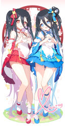 Rule 34 | &lt;key&gt; (blue archive), 2girls, absurdly long hair, alternate costume, apple caramel, aris (blue archive), bare legs, bare shoulders, black hair, blue archive, blue eyes, blue footwear, blue ribbon, blue skirt, chinese clothes, commentary, detached sleeves, full body, hair between eyes, hair ribbon, heart, heart hands, highres, long hair, long sleeves, looking at viewer, miniskirt, multiple girls, one side up, open mouth, pleated skirt, red eyes, red footwear, red ribbon, red skirt, ribbon, skirt, socks, standing, tassel, teeth, upper teeth only, very long hair, white socks