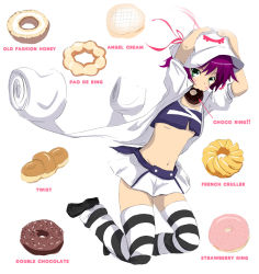 Rule 34 | 1girl, arms up, black thighhighs, blush, blush stickers, breasts, coat, crop top, doughnut, eating, english text, facial mark, food, food in mouth, from side, full body, green eyes, green hair, hand on headwear, hat, hat ribbon, jumping, long coat, looking at viewer, matching hair/eyes, merry nightmare, midriff, miniskirt, mister donut, mouth hold, navel, old-fashioned doughnut, open clothes, open coat, pleated skirt, purple hair, ribbon, short hair, simple background, skirt, small breasts, solo, striped clothes, striped thighhighs, thighhighs, voyon, white background, white thighhighs, yumekui merry, zettai ryouiki