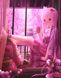 Rule 34 | 1girl, aiuabo, albino, animal, animal on foot, breast pocket, breasts, cherry blossoms, collared shirt, commentary request, cup, flower, food, frilled skirt, frills, frog, hair flower, hair ornament, highres, holding, holding cup, long hair, long sleeves, looking at viewer, nail polish, original, petals, pink flower, pink socks, pink theme, pocket, red eyes, sakura mochi, shirt, skirt, small breasts, smile, socks, solo, suspender skirt, suspenders, treehouse, very long hair, wagashi, white hair, yunomi