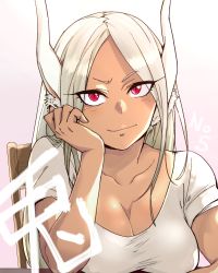 Rule 34 | 1girl, animal ear fluff, animal ears, arm rest, bare arms, boku no hero academia, breasts, chair, cleavage, closed mouth, collarbone, commentary request, dark-skinned female, dark skin, eyes visible through hair, georugu13, hand on own cheek, hand on own face, head rest, highres, long hair, looking at viewer, medium breasts, mirko, parted bangs, rabbit ears, rabbit girl, red eyes, shirt, short sleeves, slit pupils, smile, solo, white hair, white shirt