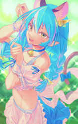 Rule 34 | 1girl, :q, animal ear fluff, animal ears, apron, bell, blue choker, blue hair, blue skirt, braid, cat ears, cat tail, choker, collarbone, frilled apron, frills, groin, hair between eyes, jj (ssspulse), long hair, low twintails, midriff, navel, neck bell, paw pose, pointy ears, precure, skirt, solo, standing, star twinkle precure, stomach, tail, tongue, tongue out, twin braids, twintails, very long hair, waist apron, white apron, white neckwear, yellow eyes, yuni (precure)