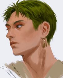 Rule 34 | 1boy, closed mouth, earrings, expressionless, green hair, highres, jewelry, looking to the side, male focus, multiple earrings, ndsoda, one piece, one piece (live action), portrait, roronoa zoro, short hair, simple background, solo, white background