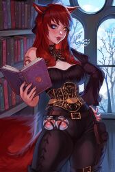 Rule 34 | 1girl, absurdres, animal ears, blue eyes, book, bookshelf, breasts, cat ears, cat tail, facial mark, final fantasy, final fantasy xiv, greenu, highres, indoors, lip piercing, lips, long hair, looking at viewer, medium breasts, miqo&#039;te, open book, pants, piercing, red hair, scar, scar on face, scar on nose, solo, tail, tight clothes, tight pants, warrior of light (ff14), yellow eyes