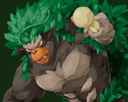 Rule 34 | brown fur, commentary request, creatures (company), game freak, gen 8 pokemon, green background, hand up, holding, nintendo, no humans, nyala (nyala 766), open mouth, orange eyes, pokemon, pokemon (creature), rillaboom, solo, teeth, upper body