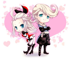 Rule 34 | 1boy, 1girl, ahoge, aqua eyes, armor, armored dress, ass, bent over, blonde hair, blush, boots, bow, bravely default: flying fairy, bravely default (series), breasts, crossed arms, deformed, edea lee, gloves, hair bow, heart, heart background, leaning, leaning forward, long hair, looking at viewer, mizutani yuzu, pantyhose, ringabel, short hair, smile, standing, white pantyhose