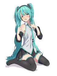 Rule 34 | 1girl, aqua eyes, aqua hair, aqua necktie, baasaku (balasaku24), bare shoulders, black skirt, black sleeves, blush, boots, clothes pull, detached sleeves, grey shirt, hair between eyes, hatsune miku, head tilt, headset, highres, long hair, looking to the side, loose necktie, necktie, pleated skirt, pulled by self, shirt, sitting, skirt, solo, squinting, thigh boots, thighhighs, twintails, very long hair, vocaloid, wariza, white background, zettai ryouiki