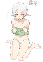 Rule 34 | 3girls, absurdres, bare legs, bare shoulders, barefoot, breasts, character request, elf, green shirt, highres, holding, holding clothes, holding shirt, multiple girls, mushoku tensei, navel, nnn catcat, open mouth, panties, pointy ears, pursena adoldia, red eyes, rinia dedoldia, shirt, short hair, sitting, small breasts, solo focus, sylphiette (mushoku tensei), topless, underwear, wariza, white background, white hair, white panties