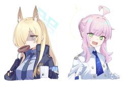 Rule 34 | 2girls, ahoge, animal ears, armband, black jacket, blonde hair, blue archive, blue eyes, blue necktie, breasts, buttons, cup, double-breasted, doughnut, extra ears, fang, flat chest, food, food in mouth, fork, furrowed brow, gloves, green eyes, hair bun, hair over one eye, halo, highres, holding, holding cup, holding fork, jacket, kanna (blue archive), kaya (blue archive), long hair, long sleeves, looking at viewer, medium breasts, medium hair, mouth hold, multiple girls, necktie, notched ear, open mouth, pink hair, shaded face, sidelocks, simple background, sweatdrop, tosankaku, white background, white gloves, white jacket