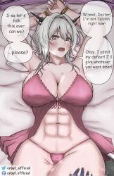Rule 34 | 1girl, 1other, abs, absurdres, alternate costume, arknights, arms up, babydoll, bdsm, blush, bondage, bound, bound wrists, breasts, cleavage, collarbone, commentary, covered erect nipples, crayl, english commentary, english text, facebook logo, facebook username, from above, grey hair, hair between eyes, hair intakes, hand on another&#039;s thigh, highres, horns, large breasts, looking at viewer, lying, navel, on back, on bed, open mouth, panties, pillow, red babydoll, red panties, restrained, slit pupils, speech bubble, talulah (arknights), tearing up, teeth, thick thighs, thighs, toned female, twitter logo, twitter username, underwear, upper teeth only, wide hips
