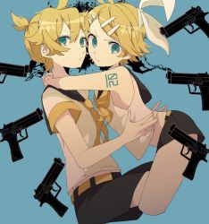 Rule 34 | &gt;:/, &gt;:t, 1boy, 1girl, aqua eyes, arm tattoo, arms around neck, bad id, bad twitter id, bare arms, bare shoulders, blonde hair, bow, brother and sister, cheek-to-cheek, crop top, eiku, flat chest, frown, gun, hair bow, hair ornament, hairclip, heads together, highres, hug, kagamine len, kagamine rin, looking at viewer, midriff, neckerchief, necktie, number tattoo, pout, puffy cheeks, sailor collar, shirt, short hair, short ponytail, shorts, siblings, sleeveless, sleeveless shirt, tattoo, twins, v-shaped eyebrows, vocaloid, weapon, yellow neckerchief
