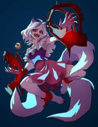 Rule 34 | ahoge, animal ears, armpits, bare legs, barefoot, bear trap, bell, blue background, breasts, chain, cuffs, dog ears, dog girl, dog tail, extra tails, frilled shirt, frills, glowing, glowing eyes, grey hair, highres, jingle bell, miniskirt, mitsugashira enoko, multiple tails, nail polish, neck, nezo, open mouth, pink skirt, purple hair, purple shirt, red eyes, red nails, shackles, sharp teeth, shirt, short hair, simple background, skirt, small breasts, spaghetti strap, tail, teeth, toenail polish, toenails, toes, touhou