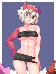 Rule 34 | 1girl, abs, bandeau, bare shoulders, black panties, blue background, breasts, closed mouth, clothes pull, colored skin, commentary, cougar (cougar1404), cowboy shot, dragon: marked for death, empress (dmfd), facial scar, frown, grey hair, headgear, looking at viewer, medium breasts, microskirt, muscular, muscular female, outside border, panties, pulling own clothes, red eyes, red headwear, red skin, scar, scar on cheek, scar on face, short hair, skirt, skirt pull, solo, standing, sweatdrop, underwear