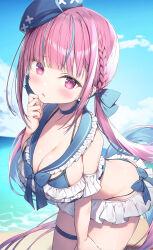 Rule 34 | 1girl, bikini, blue bikini, blue bow, blue choker, blue hair, blue headwear, blurry, blurry background, blush, bow, bow bikini, braid, breasts, choker, cleavage, colored inner hair, day, frilled bikini, frilled sailor collar, frills, hair bow, halterneck, hand on own chin, highres, hololive, large breasts, leaning forward, long hair, looking at viewer, minato aqua, multicolored hair, outdoors, parted lips, pink eyes, pink hair, sailor collar, solo, streaked hair, swimsuit, thigh strap, topia, twintails, two-tone hair, very long hair, virtual youtuber, water, wet