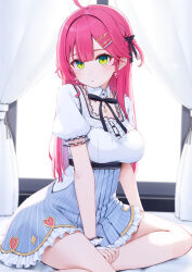 Rule 34 | 1girl, ahoge, black ribbon, blue skirt, blurry, blurry background, blush, breasts, cropped legs, earrings, frilled skirt, frills, green eyes, hair ornament, hairclip, highres, hololive, indoors, jewelry, large breasts, looking at viewer, neck ribbon, nyan (reinyan 007), parted bangs, pink hair, puffy short sleeves, puffy sleeves, ribbon, sakura miko, sakura miko (street), shirt, short sleeves, skirt, solo, thighs, virtual youtuber, white shirt