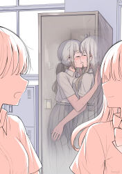 Rule 34 | 4girls, absurdres, betock, blush, closed eyes, collared shirt, commentary request, grey skirt, greyscale, highres, hug, in locker, indoors, kiss, long hair, monochrome, multiple girls, open clothes, original, partially colored, pleated skirt, ponytail, school, school uniform, shirt, short sleeves, skirt, smile, spot color, sweat, unfinished, white shirt, x-ray, yuri
