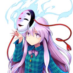 Rule 34 | 1girl, blush, breasts, buttons, closed mouth, ebizome, expressionless, hata no kokoro, long hair, long sleeves, mask, mask on head, noh mask, pink eyes, pink hair, plaid, plaid shirt, shirt, simple background, small breasts, solo, tassel, touhou, upper body, white background