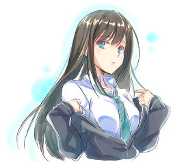 Rule 34 | 1girl, aqua eyes, bad id, bad pixiv id, breasts, brown hair, cardigan, commentary request, idolmaster, idolmaster cinderella girls, jewelry, long hair, long sleeves, looking at viewer, medium breasts, necklace, necktie, open mouth, satou satoru, shibuya rin, shirt, solo, traditional media, undressing, upper body, white shirt