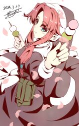 Rule 34 | 1girl, absurdres, black dress, blue eyes, chewing, coif, commentary request, curtained hair, dango, dated, dress, eiyuu densetsu, eyelashes, falling petals, food, highres, holding, holding food, long hair, looking back, nun, petals, pink hair, pouch, ries argent, signature, simple background, solo, sora no kiseki, tinybiard, traditional nun, wagashi, white background