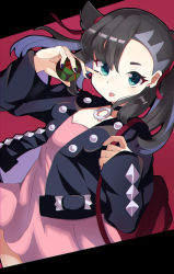 Rule 34 | 1girl, asymmetrical bangs, backpack, bag, black choker, black hair, black jacket, black nails, choker, commentary request, creatures (company), dress, dusk ball, earrings, game freak, green eyes, hair ribbon, hands up, highres, holding, holding poke ball, holding strap, jacket, jewelry, looking at viewer, marnie (pokemon), nail polish, nintendo, open clothes, open jacket, pink dress, poke ball, pokemon, pokemon swsh, red bag, red ribbon, ribbon, solo, tongue, tongue out, umiru