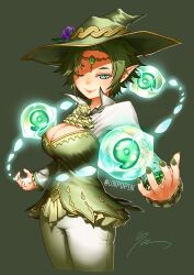 Rule 34 | 1girl, blue eyes, breasts, circlet, cleavage, commentary request, cowboy shot, cropped legs, green hair, hat, highres, large breasts, magatama, magic, original, short hair, shrug (clothing), signature, smile, solo, twitter username, unpopin, witch hat