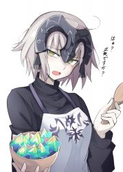 Rule 34 | 1girl, ahoge, apron, black shirt, blonde hair, blush, bowl, breasts, commentary request, fate/grand order, fate (series), giving, headgear, jeanne d&#039;arc (fate), jeanne d&#039;arc alter (avenger) (fate), jeanne d&#039;arc alter (fate), long sleeves, medium breasts, mobu, open mouth, saint quartz (fate), scowl, shamoji, shirt, short hair, simple background, solo, spoon, translation request, turtleneck, upper body, white background, wooden spoon