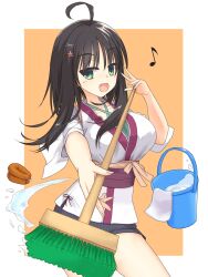 Rule 34 | 1girl, :d, ahoge, black hair, border, breasts, broom, bucket, casual, commentary request, cowboy shot, floating hair, foreshortening, green eyes, hair between eyes, hair ornament, hairclip, hand up, happy, highres, hitachi mako, holding, holding broom, large breasts, light blush, looking at viewer, musical note, open mouth, orange background, senren banka, shirayamakoma, shirt, short hair with long locks, simple background, sleeves rolled up, smile, solo, straight hair, tsurime, water, white border, white shirt, wide sleeves, x hair ornament