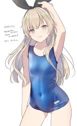 Rule 34 | 1girl, blonde hair, blue one-piece swimsuit, blush, competition school swimsuit, covered navel, cowboy shot, dated, hairband, hanako (peanut), kantai collection, long hair, looking at viewer, one-piece swimsuit, school swimsuit, shimakaze (kancolle), solo, swimsuit