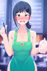 Rule 34 | 1girl, apron, barista, black hair, blurry, blurry background, blush, cafe, chainsaw man, collarbone, crying, crying with eyes open, cup, disposable cup, green apron, hair ornament, hairclip, higashiyama kobeni, highres, holding, holding cup, holding marker, looking at viewer, marker, meme, menu board, naked apron, short hair, short ponytail, side ponytail, single sidelock, solo, sweat, nervous sweating, swept bangs, tears, theobrobine