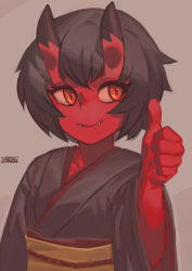 Rule 34 | 1girl, black hair, black kimono, closed mouth, colored skin, fangs, fangs out, grey background, horns, japanese clothes, kidouko (zakusi), kimono, long sleeves, obi, oni horns, orange eyes, original, red skin, sash, signature, simple background, smile, solo, symbol-only commentary, thumbs up, upper body, wide sleeves, zakusi