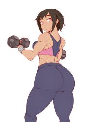 Rule 34 | 1girl, ass, black bra, black pants, bra, breasts, brown hair, dumbbell, exercising, freckles, from behind, hanzo (2929), highres, large breasts, looking at viewer, looking back, muscular, muscular female, open mouth, pants, red eyes, short hair, sports bra, underwear, weightlifting, white background, wristband, yoga pants