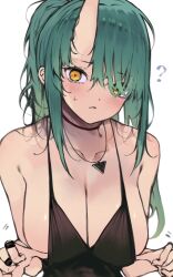 Rule 34 | 1girl, ?, arknights, bare shoulders, black dress, breasts, cleavage, commentary request, dress, green hair, hair over one eye, highres, horns, hoshiguma (arknights), jewelry, kyuu (plastic night q), large breasts, long hair, looking at viewer, necklace, parted bangs, simple background, single horn, solo, upper body, white background, yellow eyes