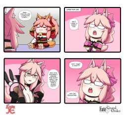 Rule 34 | 3girls, animal ear fluff, animal ears, animal hands, bare shoulders, bell, black bodysuit, blush, bodysuit, bow, breasts, cat paws, center opening, cleavage, closed eyes, closed mouth, collar, detached sleeves, english text, fake animal ears, fate/grand order, fate (series), fox ears, fox girl, fox tail, glasses, gloves, hair ribbon, highres, japanese clothes, jingle bell, keita naruzawa, kimono, koyanskaya (fate), large breasts, mini person, minigirl, multiple girls, neck bell, open mouth, paw gloves, paw shoes, pink bow, pink hair, pink kimono, pink ribbon, ponytail, red kimono, red ribbon, ribbon, side ponytail, speech bubble, tail, tamamo (fate), tamamo cat (fate), yellow eyes