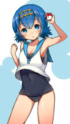 Rule 34 | 1girl, bad id, bad pixiv id, blue eyes, blue hair, blue one-piece swimsuit, blue sailor collar, contrapposto, creatures (company), crop top, facing viewer, game freak, hairband, highres, lana (pokemon), looking at viewer, matching hair/eyes, nintendo, one-piece swimsuit, poke ball, poke ball (basic), pokemon, pokemon sm, ruiten, sailor collar, school swimsuit, short hair, sleeveless, solo, standing, swimsuit, swimsuit under clothes, trial captain