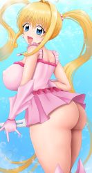 Rule 34 | 1girl, absurdres, ass, bare shoulders, blonde hair, blue eyes, boots, breasts, from behind, gloves, highres, huge ass, large breasts, long hair, looking at viewer, magical girl, mermaid melody pichi pichi pitch, miniskirt, nanami lucia, open mouth, otohukebonne, shiny skin, sideboob, skirt, smile, solo, thick thighs, thighs, twintails, very long hair