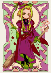 1girl absurdres alternate_costume arm_at_side belt black_collar black_footwear border braid broom broom_riding buttons closed_mouth collar crown_braid diamond_button flower full_body furisode_sleeves gloves green_eyes green_gloves green_hair green_ribbon half-closed_eyes hand_rest hand_up hanoyuta hat hat_ribbon high_collar highres holding jibaku_shounen_hanako-kun jitome juliet_sleeves legs_together light_smile long_sleeves looking_at_viewer multicolored_background nanamine_sakura object_request official_art ornate_border pink_flower puffy_sleeves purple_belt raised_eyebrows ribbon shoes short_bangs short_hair_with_long_locks sidelocks sitting solo star_(symbol) tiptoes two-sided_fabric white_border wide_sleeves witch witch_hat