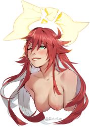 Rule 34 | 1girl, breasts, broken halo, dide6an, green eyes, guilty gear, guilty gear strive, halo, highres, jack-o&#039; valentine, medium breasts, messy hair, multicolored hair, nipples, nude, one eye closed, red hair, simple background, solo, upper body, white background, white hair