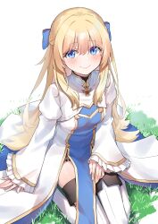 Rule 34 | 1girl, absurdres, blonde hair, blue bow, blue eyes, blush, boots, bow, breasts, closed mouth, dress, frilled sleeves, frills, goblin slayer!, hair bow, hair intakes, highres, long hair, long sleeves, looking at viewer, priestess (goblin slayer!), saltedfishmax, shiny skin, sitting, sleeves past wrists, small breasts, smile, solo, thigh boots, thighhighs, very long hair, wariza, white background, white dress, white footwear, zettai ryouiki