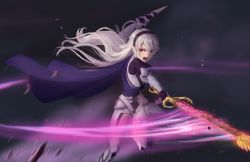 Rule 34 | 1girl, armor, athenawyrm, barefoot, cape, corrin (female) (fire emblem), corrin (fire emblem), dark background, dragon girl, feet, fire emblem, fire emblem fates, fire emblem if, glowing, glowing weapon, grey hair, hairband, looking at viewer, nintendo, open mouth, pointy ears, red eyes, solo, sword, toes, transformation, weapon, yato (fire emblem)
