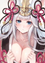 Rule 34 | 1girl, animal ears, blue eyes, blush, breasts, cleavage, closed mouth, collarbone, dress, erune, granblue fantasy, hair ornament, japanese clothes, silver hair, societte (granblue fantasy), watao